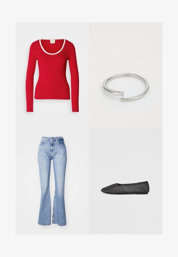 Tee-shirt rouge à manches longues en tissu côtelé avec un décolleté arrondi, présentant une bordure blanche autour du col. Silouhette ajustée.; Jean flare bleu clair en denim, avec taille haute, design à cinq poches et légères décolorations le long des jambes.; Ballerines noires en mesh avec un bout pointu, une tige texturée avec un motif géométrique, et une semelle plate en caoutchouc.; Calvin Klein SPIRAL - Bracelet - silver-coloured