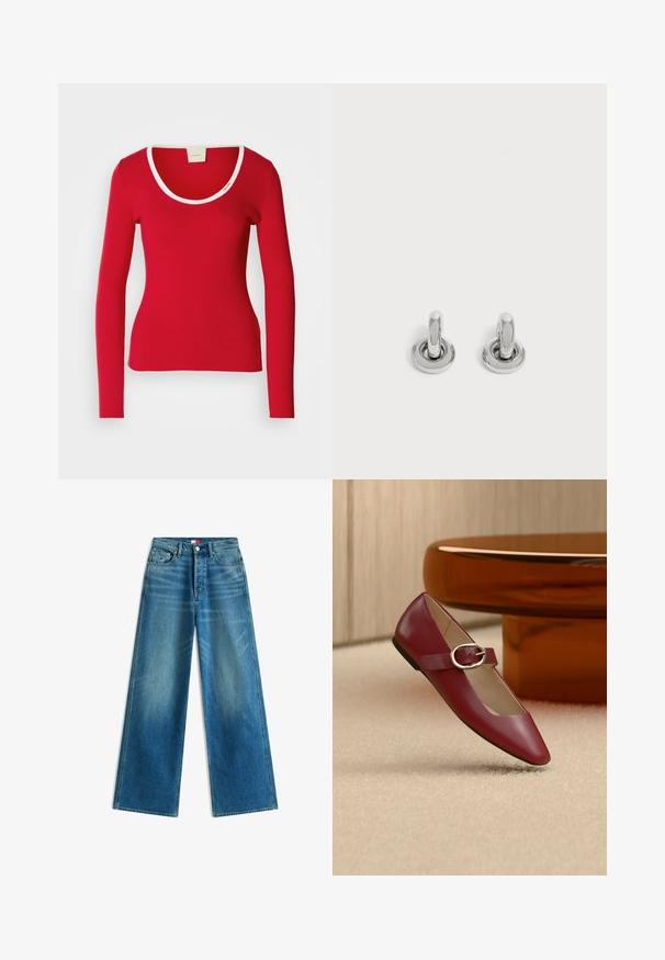 Tee-shirt rouge à manches longues en tissu côtelé avec un décolleté arrondi, présentant une bordure blanche autour du col. Silouhette ajustée.; Jean bleu à jambes larges avec poches avant, passants de ceinture, fermeture par bouton et petits détails du drapeau de la marque sur la poche et à la taille.; Chaussure plate Mary Jane en cuir rouge avec une bride à boucle argentée, posée sur un tapis beige près d'une table ronde marron.; Paire de petites boucles d'oreilles créoles argentées brillantes avec une base ronde, présentées sur un fond clair uni.