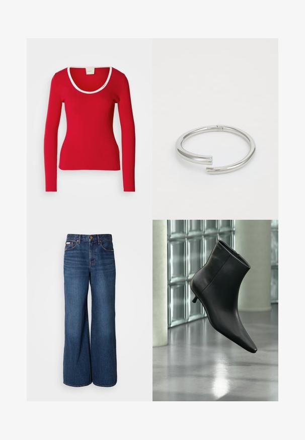 Tee-shirt rouge à manches longues en tissu côtelé avec un décolleté arrondi, présentant une bordure blanche autour du col. Silouhette ajustée.; Jean large en denim bleu foncé. Les caractéristiques incluent une taille haute, cinq poches et des coutures contrastantes orange le long des coutures.; Bottine en cuir noir à bout pointu et petit talon kitten, présentée en angle devant un sol poli et un mur en blocs de verre.; Calvin Klein SPIRAL - Bracelet - silver-coloured