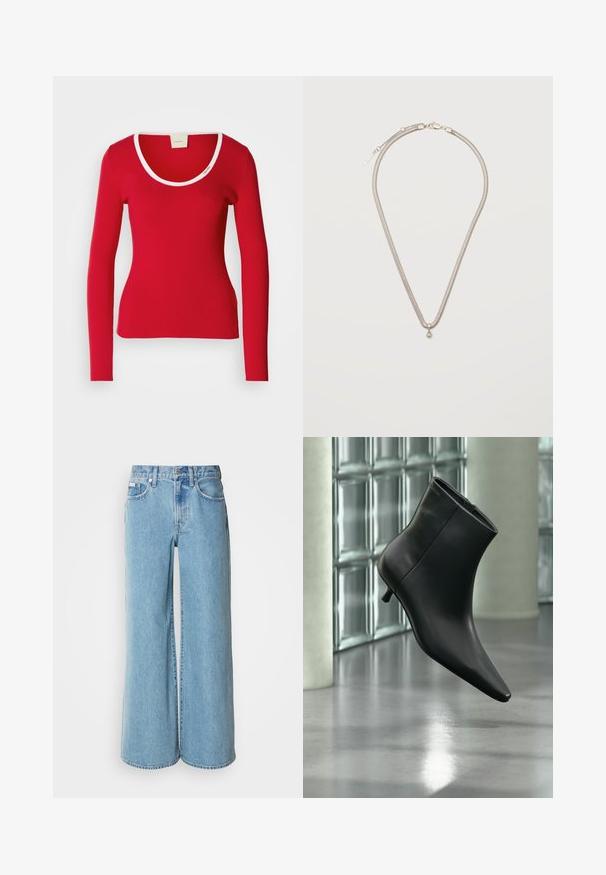 Rode long-sleeve top van ribstof met een ronde halslijn, voorzien van een witte bies rond de kraag. Strak aansluitende pasvorm.; Lichtblauwe wijde jeans van denim, met een hoge taille, vijf pockets en subtiele vervaging langs de stof.; Zwarte leren enkellaars met spits toelopende neus en lage kittenhak, schuin weergegeven tegen een gepolijste vloer en een glazen blokken muur als achtergrond.; Dunne zilveren ketting met een kleine ronde zilveren hanger, bevestigd met een karabijnsluiting op een effen witte achtergrond.