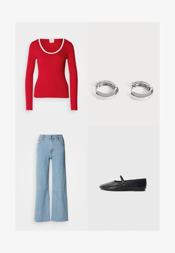Tee-shirt rouge à manches longues en tissu côtelé avec un décolleté arrondi, présentant une bordure blanche autour du col. Silouhette ajustée.; Jeans en denim bleu clair à jambes larges, avec une taille cintrée, un design à cinq poches et des détails de couture subtils.; Ballerines noires en cuir avec un bout pointu, une semelle plate et une petite sangle avec un détail de boucle en argent.; Paire de petites boucles d’oreilles créoles argentées brillantes avec surfaces lisses et arrondies sur fond blanc uni.