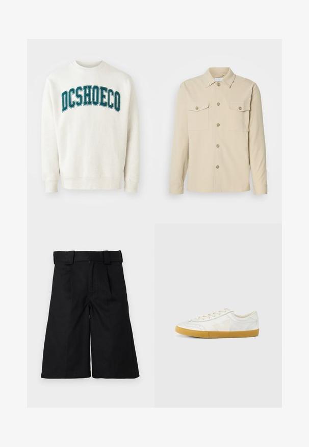 Helles beige Sweatshirt aus weichem Stoff, mit einem türkisfarbenen, gestickten "DCSHOECO"-Text über der Brust. Gerippte Bündchen und Saum.; Beige Hemd mit Knopfleiste aus glattem Stoff, verfügt über zwei Brusttaschen, einen klassischen Kragen und fünf Vorderknöpfe. Lange Ärmel mit geknöpften Manschetten.; Schwarze, knielange Shorts mit weitem Bein, Gürtelschlaufen und hoher Taille, auf weißem Hintergrund dargestellt.; Weißer Ledersneaker mit glatter Textur, beigefarbenem „V“-Logo, rundem Zehenbereich, Schnürdesign und einer Sohle aus Gummireifen.