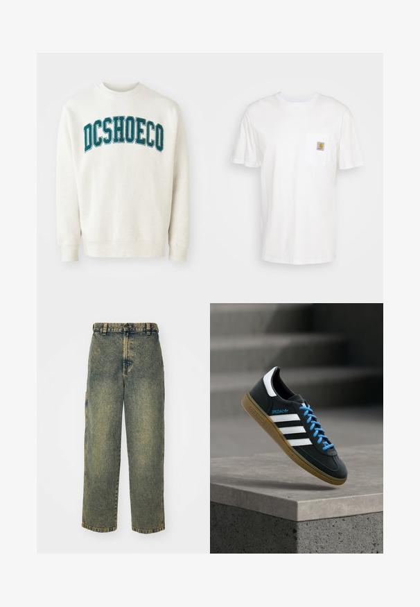 Helles beige Sweatshirt aus weichem Stoff, mit einem türkisfarbenen, gestickten "DCSHOECO"-Text über der Brust. Gerippte Bündchen und Saum.; Weißes Baumwoll-T-Shirt mit kurzen Ärmeln, einer Brusttasche und einem kleinen quadratischen Logopatch in Orange und Weiß auf der Tasche.; Baggy-Jeans aus Denim in einer verblassten Blauen und Grünen Waschung. Mit Knopfverschluss, Gürtelschlaufen und Seitentaschen. Flaches Vorderteil und gerades Bein-Design.; Schwarzer Adidas-Sneaker mit weißen Streifen, blauen Schnürsenkeln und Gummisohle, der über einer grauen Betontreppe im weichen Licht schwebt.