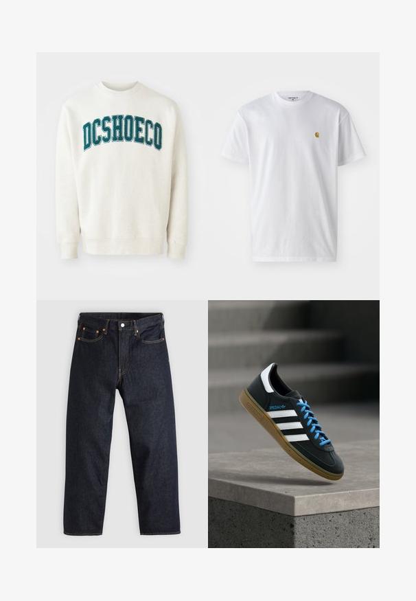 Helles beige Sweatshirt aus weichem Stoff, mit einem türkisfarbenen, gestickten "DCSHOECO"-Text über der Brust. Gerippte Bündchen und Saum.; Weißes Baumwoll-T-Shirt mit kurzen Ärmeln, Rundhalsausschnitt, mit einem kleinen goldenen Logo im linken Brustbereich. Weicher Stoff und normale Passform.; Dunkelblaue Jeans aus Denim mit geradem Schnitt, fünf Taschen, kontrastierenden orangen Nähten und einem Knopfverschluss. Keine sichtbaren Muster oder Verzierungen.; Schwarzer Adidas-Sneaker mit weißen Streifen, blauen Schnürsenkeln und Gummisohle, der über einer grauen Betontreppe im weichen Licht schwebt.