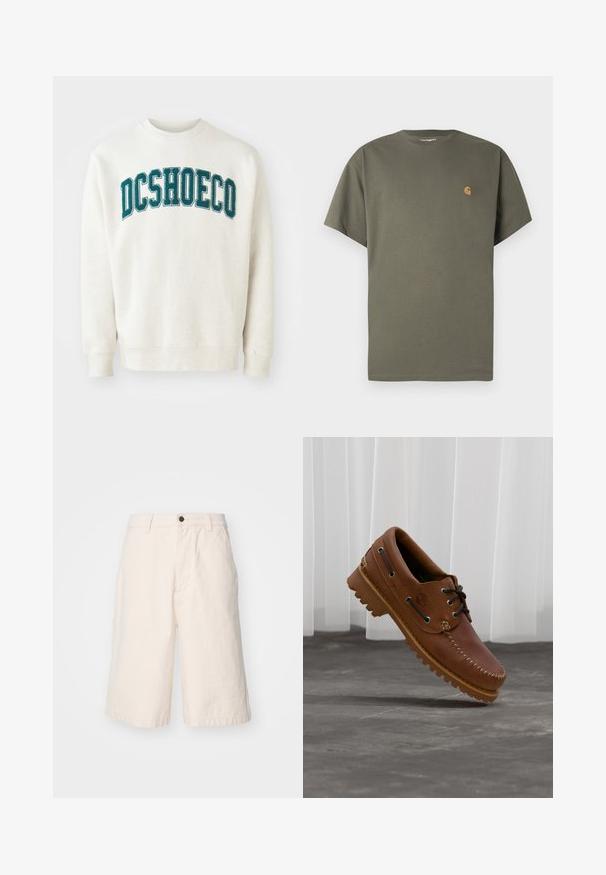 Helles beige Sweatshirt aus weichem Stoff, mit einem türkisfarbenen, gestickten "DCSHOECO"-Text über der Brust. Gerippte Bündchen und Saum.; Olivgrünes T-Shirt mit Rundhalsausschnitt, kurzen Ärmeln, aus Baumwolle, mit kleinem orangefarbenem Logo auf der linken Brustseite.; Helle beige Baumwollshorts mit geradem Schnitt, ausgestattet mit einem Knopfverschluss, seitlichen Taschen und einem Saum, der knapp über dem Knie endet.; Brauner Leder-Bootsschuh mit schwarzen Schnürsenkeln, beigen Nähten und einer robusten Sohle, schwebt über einem grauen Betonboden.