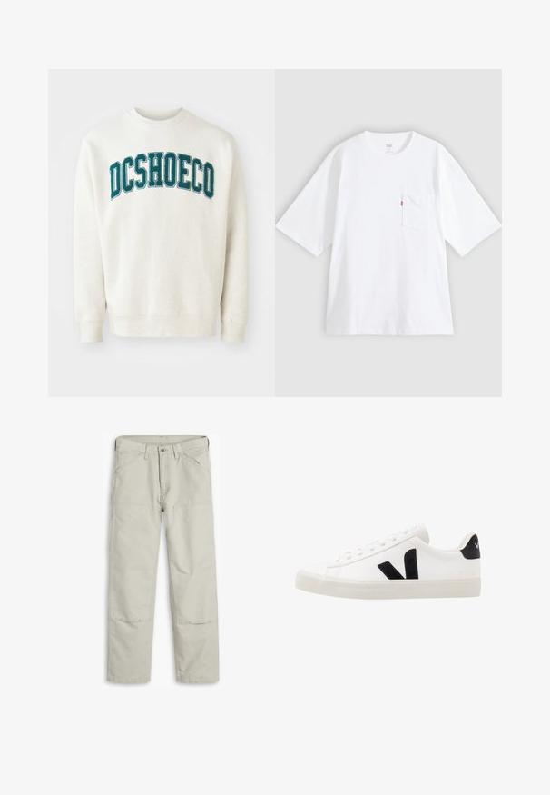 Helles beige Sweatshirt aus weichem Stoff, mit einem türkisfarbenen, gestickten "DCSHOECO"-Text über der Brust. Gerippte Bündchen und Saum.; Weißes Baumwoll-T-Shirt mit kurzen Ärmeln, rundem Ausschnitt und Brusttasche auf der linken Seite. Mit kleinem rotem Logotag an der Tasche.; Hellgraue Baumwollhosen mit geradem Schnitt, mehreren Taschen, verstärkten Kniepatches und kontrastierenden Nähten.; Weiße Leder-Sneaker mit schwarzen Wildlederelementen; verfügen über eine Gummisohle, eine runde Spitze und ein klassisches Schnürdesign. Seitliches Logo in Schwarz.