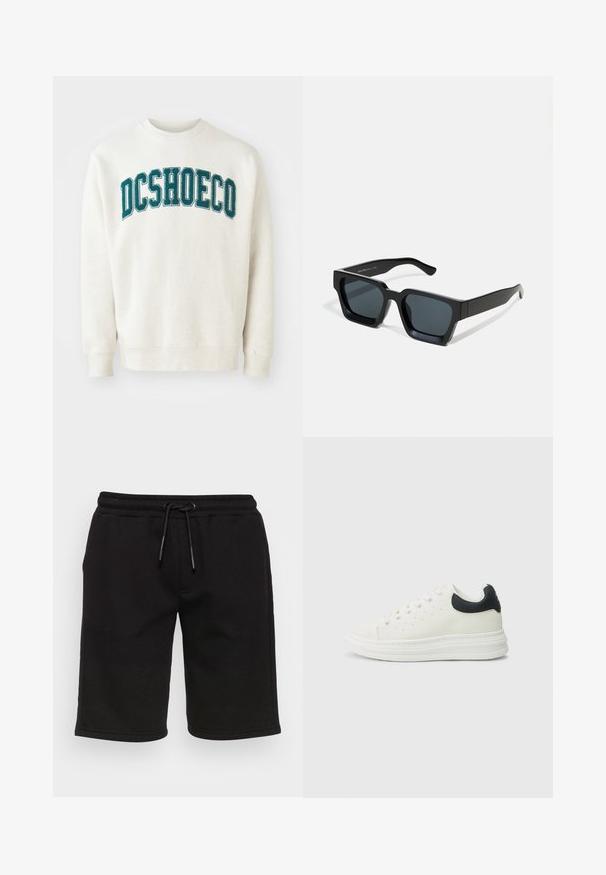 Helles beige Sweatshirt aus weichem Stoff, mit einem türkisfarbenen, gestickten "DCSHOECO"-Text über der Brust. Gerippte Bündchen und Saum.; Only & Sons ONSCERES LIFE - Shorts - black; Weißer Ledersneaker mit schwarzem Fersenakzent, rundem Zehenbereich, flacher weißer Sohle und Schnürverschluss. Minimale Perforationen an den Seiten.; Schwarze rechteckige Sonnenbrillen mit dunklen Gläsern. Dickes, glattes Kunststoffgestell mit leicht glänzender Oberfläche und geraden Bügeln.