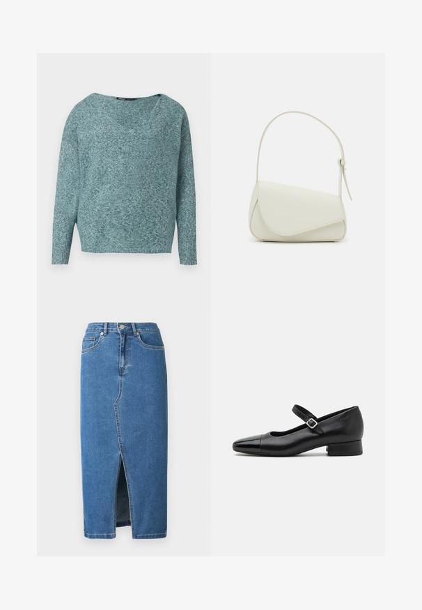 Weicher Strickpullover in Türkis mit langen Ärmeln, gerippten Bündchen und weitem V-Ausschnitt.; Jeans-Midirock in Blau. Verfügt über einen vorderen Schlitz, einen hohen Bund und ein Fünf-Taschen-Design. Klassische Nähte und Metall-Details.; Schwarze Leder-Mary-Jane-Schuhe mit einer patentierten Zehenkappe, verstellbarem Knöchelriemen und niedrigem Blockabsatz. Glatte Textur und elegantes Design.; Weiße Kunstleder-Handtasche mit einer strukturierten dreieckigen Form, einem verstellbaren Einzelgurt und einem Klappenverschluss mit geschwungenen Akzenten.