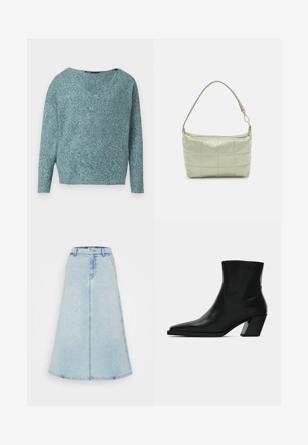 Zacht gebreide teal trui met lange mouwen, geribde manchetten en een brede V-hals.; Een lichtblauwe denim midi-rok, met een uitlopende vorm, een tailleband met riemlussen en zichtbare stiksels langs de naden.; Zwarte leren enkelboot met een spitse neus, een slanke silhoeet en een chunky vierkante hak. Gladde textuur met minimale stikdetails.; Gewatteerde groene schoudertas met een zachte textuur, rechthoekige vorm, enkele schouderriem en een ritsluiting in goudkleur. Voorzien van een gewatteerd patroon.