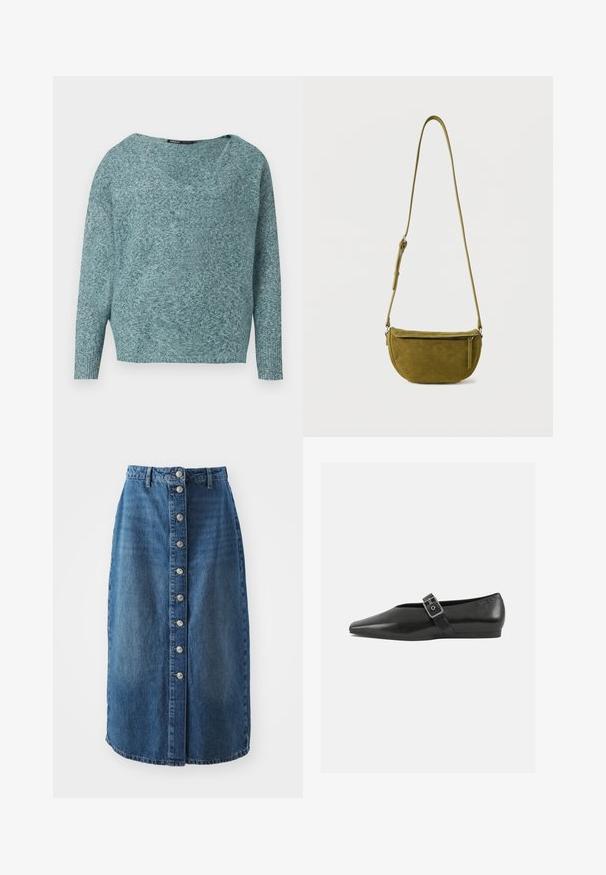 Weicher Strickpullover in Türkis mit langen Ärmeln, gerippten Bündchen und weitem V-Ausschnitt.; Denimrock mit mittellanger Schnittführung, vorn mit Knopfleiste, fünf Knöpfen und leicht geschwungener Säume. Farbe: dunkelblau.; Schwarze Lederflachschuhe mit spitzem Zehenbereich, ausgestattet mit einem metallischen Riemen über dem Spann und einer niedrigen, flexiblen Sohle.; Olivgrüne Wildleder-Umhängetasche mit verstellbarem Riemen und Reißverschlusstasche vorne vor einfachem weißem Hintergrund.