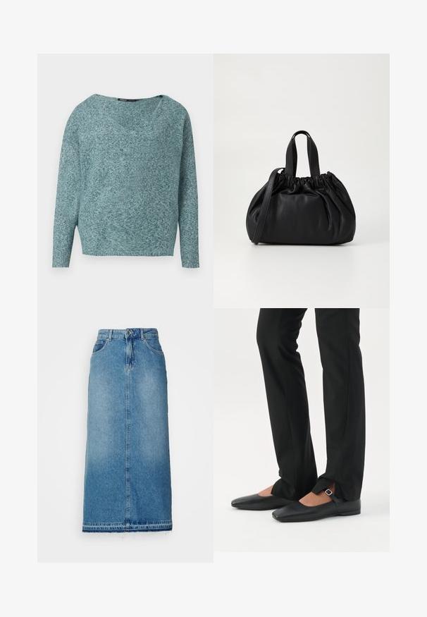 Blød strikket teal sweater med lange ærmer, ribbede manchetter og en bred V-hals.; ONLY Denim ONLNELIA Denim Denim Long - Denimnederdele - light blue denim; Ben iført sorte smalle bukser med forreste slidser ved kanten, parret med sorte flade Mary Jane-sko med lille spænde.; Sort læderhåndtaske med en samlet topdesign, der har to korte håndtag og en lang justerbar rem. Glat overflade, rund form.