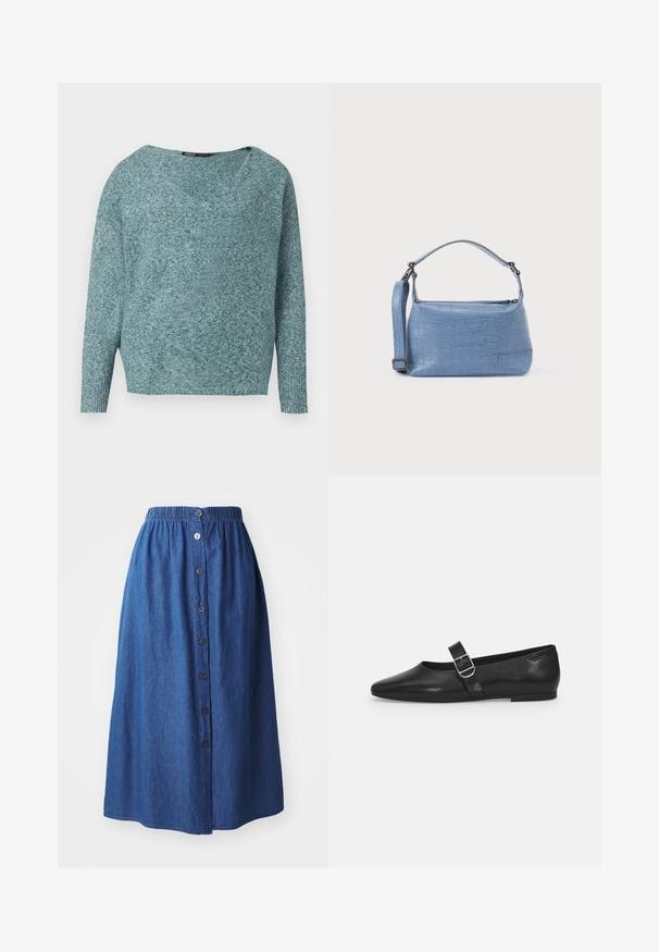 Zacht gebreide teal trui met lange mouwen, geribde manchetten en een brede V-hals.; Denimrok met een elastische tailleband, blauwe stof, volledige lengte, knoopsluiting aan de voorkant en subtiele textuur. Geen zichtbare patronen of accenten.; Zwarte leren platte schoen met een ronde neus, een enkele verstelbare gespsluiting en een gladde, glanzende textuur. Minimalistisch ontwerp met een lage hak.; Lichtblauwe handtas met krokodillenprint, voorzien van een korte handgreep en een afneembare schouderriem. Gladde textuur met een ritssluiting.