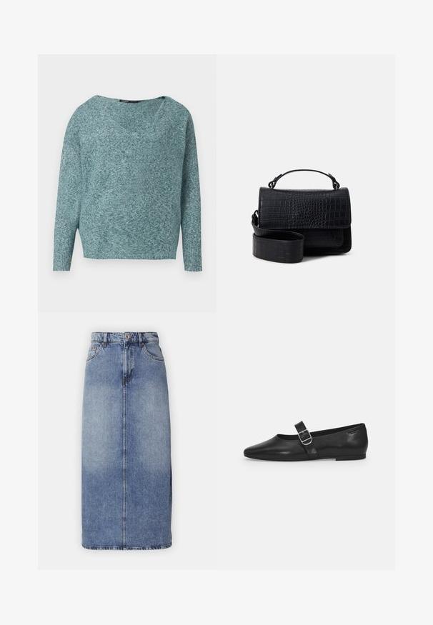 Weicher Strickpullover in Türkis mit langen Ärmeln, gerippten Bündchen und weitem V-Ausschnitt.; Jeans Bleistiftrock in mittlerem Washed Blue, mit hoher Taille, geradem Schnitt, vorderer Naht und ohne sichtbare Verzierungen oder Taschen.; Schwarzer Lederflatschuh mit runder Zehenform, einem verstellbaren Schnallenriemen und einer glatten, glänzenden Oberfläche. Minimalistisches Design mit einem niedrigen Absatz.; Schwarze Umhängetasche mit Krokodilprägung, abnehmbarem Riemen und Oberhandgriff, ausgestattet mit einem Klappenverschluss und glatter Oberfläche.
