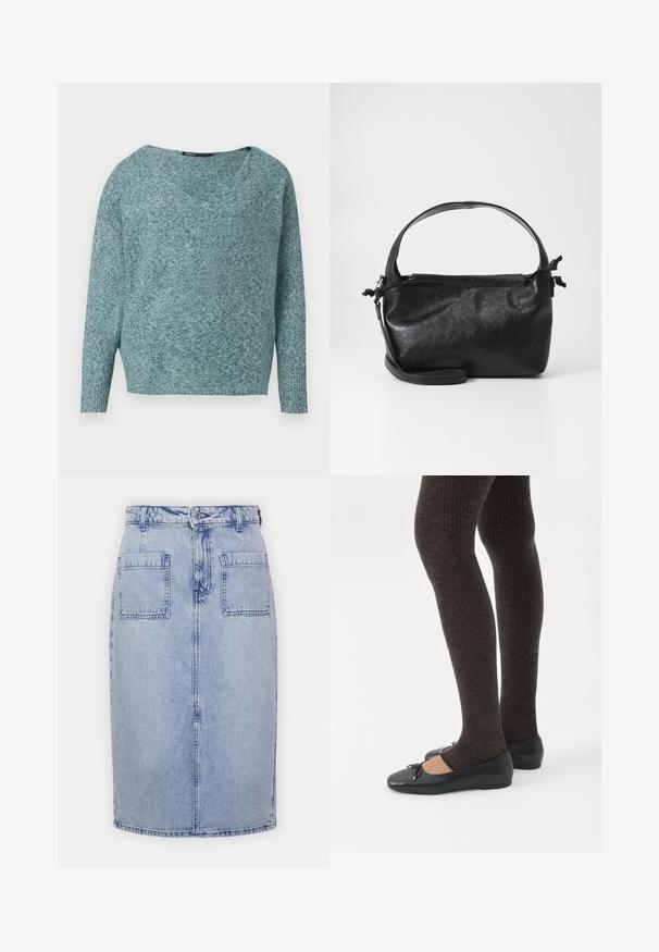 Pull doux en maille couleur sarcelle avec manches longues, poignets côtelés et large col en V.; Jupe en jean de couleur bleu clair, à coupe droite, avec une fermeture à boutons sur le devant et deux poches arrière avec des coutures visibles.; Jambes portant des leggings côtelés foncés associés à des ballerines noires avec de petits détails en nœud sur fond blanc.; Sac à main en cuir noir au design structuré, avec une poignée arrondie et une bandoulière amovible. Présente une texture lisse et un éclat subtil.