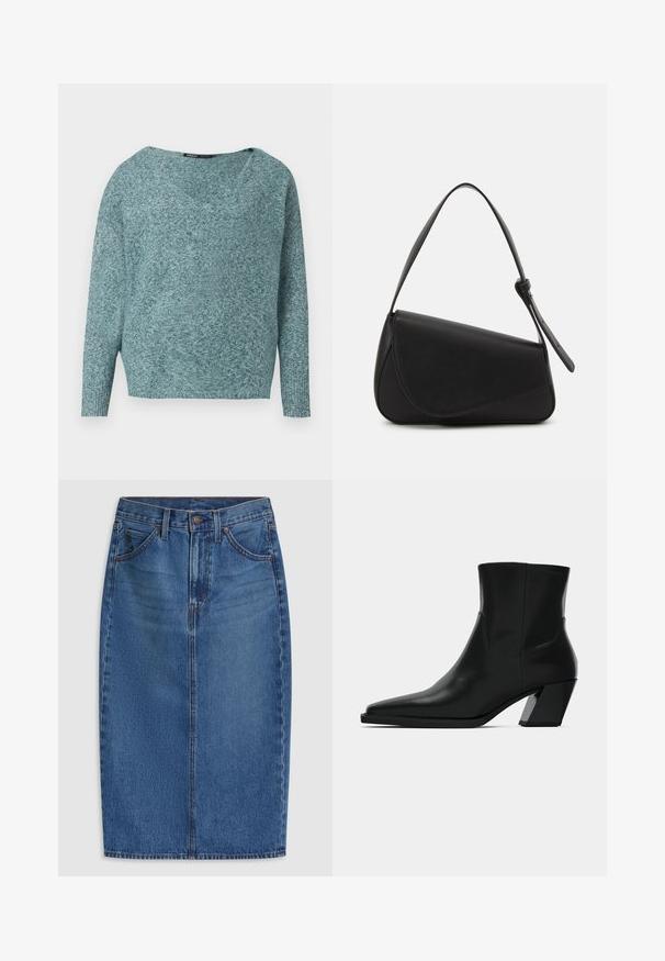 Blød strikket teal sweater med lange ærmer, ribbede manchetter og en bred V-hals.; Denimnederdel med knælængde og en lys til medium blå vask, fem lommer og syningsaccents langs sømmene.; Sortlæder ankelstøvle med spids tå, en slank silhuet og en kraftig firkantet hæl. Glat tekstur med minimale stikninger.; Sort læderhåndtaske med en triangular form, skrå klap og et rundt håndtag. Har en glat overflade og minimalistiske design detaljer.