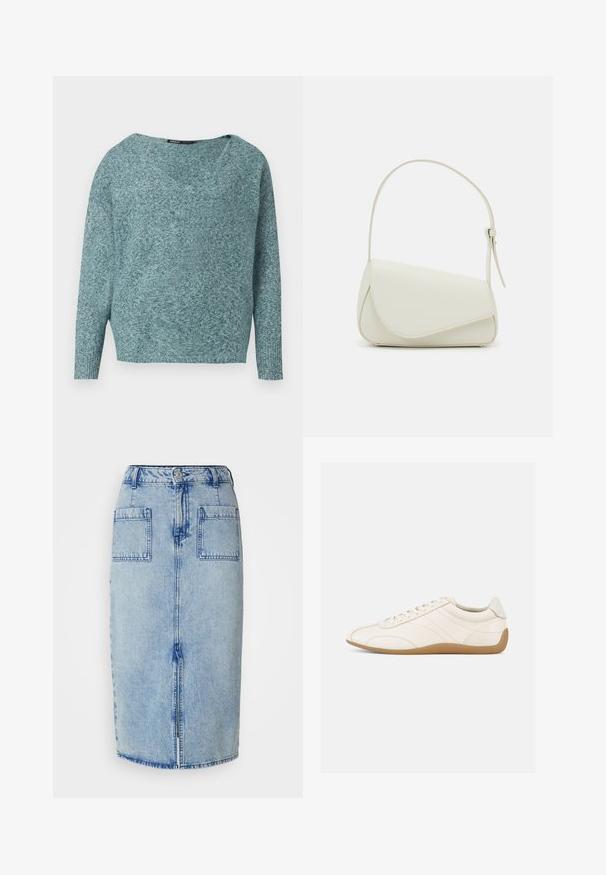 Blød strikket teal sweater med lange ærmer, ribbede manchetter og en bred V-hals.; Lysblå denim midi-nederdel med to baglommer, frontknaplukning og lige snit, prydet med en falmet tekstur og syningsdetaljer.; Hvid lædersneaker med en glat tekstur, rund tå og tonale syninger. Har en tanfarvet gummisål og snørebånds-lukning.; Hvid taske i faux læder med en struktureret trekantet form, enkelt justerbart skulderstrop og en flaplås med kurver.
