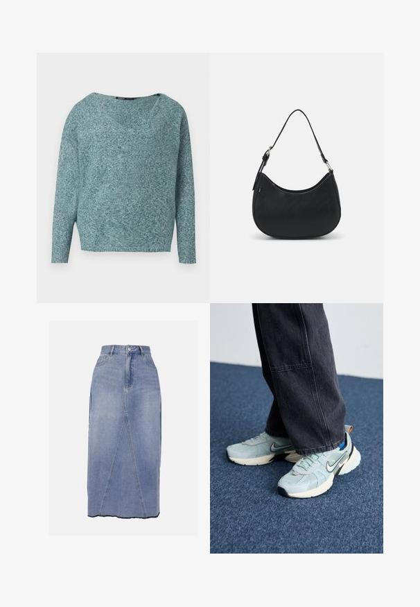 Zacht gebreide teal trui met lange mouwen, geribde manchetten en een brede V-hals.; Denim midi-rok in lichtblauw, met een hoge taille, voornaadnaden en een ongelijkmatig zoom met ruwe randen voor een getextureerde afwerking.; Lichtblauwe Nike sneakers van mesh met een textuurafwerking, zwarte swoosh en crèmekleurige tussenzool, gecombineerd met donkergrijze wijde broek.; Zwarte hobo tas van soepel leer met een gebogen silhouet, voorzien van een enkele verstelbare schouderriem en minimalistische ontwerpdetails.