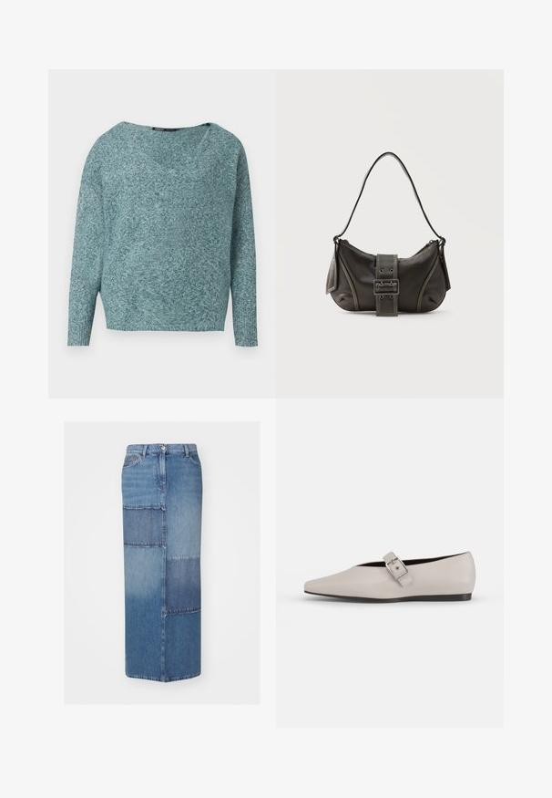 Blød strikket teal sweater med lange ærmer, ribbede manchetter og en bred V-hals.; Jeansskørt med patchwork i forskellige nuancer af blå, med lige snit, høj talje og en ren kant.; Beige læder flad sko med spidse tæer, en sidelukning som accent og en lav sort sål. Glat tekstur og minimalistisk design.; Sort læder skuldertaske med spænde på remmen, afrundede kanter og kontrasterende hvide syninger på en ensfarvet baggrund.