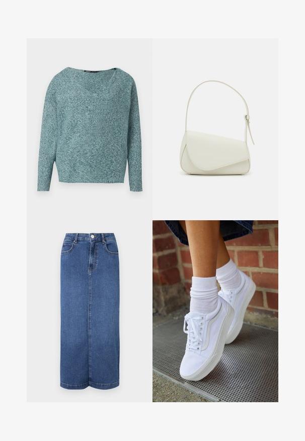 Pull doux en maille couleur sarcelle avec manches longues, poignets côtelés et large col en V.; Jupe maxi en denim bleu foncé, avec une coupe droite, une taille avec une fermeture à bouton et des détails de couture minimalistes.; Baskets en toile blanches avec semelles en caoutchouc, dotées de six œillets, d'un bout rond et de détails de couture légers, portées avec des chaussettes blanches mi-mollet.; Sac à main en cuir synthétique blanc avec une forme triangulaire structurée, une bandoulière unique réglable et un rabat à courbes accentuées.