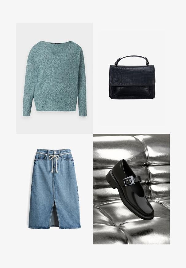 Weicher Strickpullover in Türkis mit langen Ärmeln, gerippten Bündchen und weitem V-Ausschnitt.; Denim-Midi-Rock, hellblau, mit Schlitz vorne, Kordelzugbund, klassischem Fünf-Taschen-Design und Kontrastnähten.; Schwarze Leder-Mary-Jane-Schuhe mit quadratischer Zehenform, einem silbernen Schnallenakzent und einem robusten, niedrigen Absatz, vor einem glänzenden silbernen Hintergrund.; Schwarze Handtasche mit Krokodillederstruktur, rechteckige Form, obere Klappe und ein einzelner kurzer Griff.
