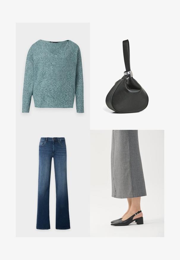 Zacht gebreide teal trui met lange mouwen, geribde manchetten en een brede V-hals.; Blauwe high-waist jeans met rechte pijpen, knoop- en ritssluiting, voor- en achterzakken, getoond op een effen lichte achtergrond.; Zwarte leren slingback schoenen met een puntige neus, blokhak en een contrasterend roze hielaccent. Gladde textuur met een minimalistisch ontwerp.; Zwarte leren polstasje met een zachte driehoekige vorm en een brede band bevestigd met een zilveren metalen lus.
