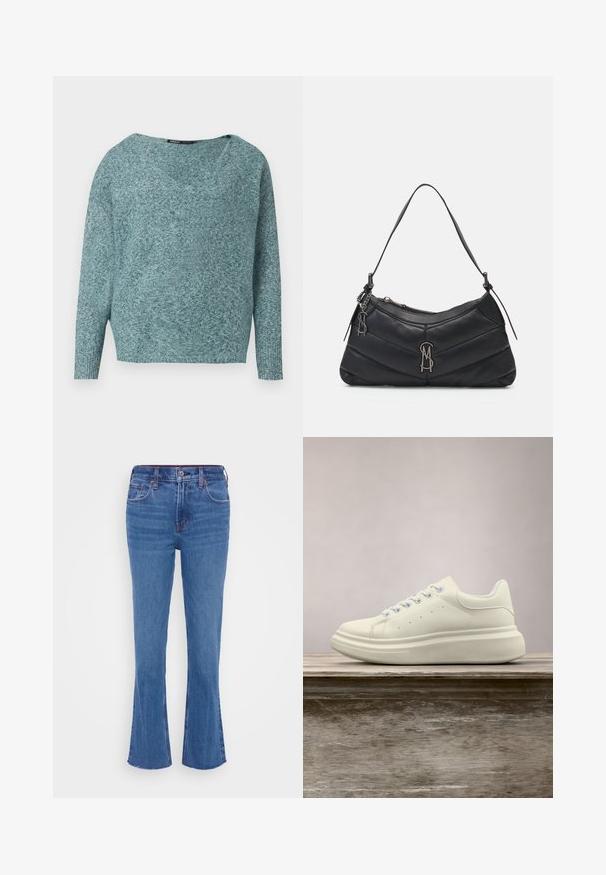 Weicher Strickpullover in Türkis mit langen Ärmeln, gerippten Bündchen und weitem V-Ausschnitt.; Blaue Jeans mit ausgestelltem Bein und mittelhohem Bund, Vordertaschen, dezentem Verblassen und fransigem Saum. Der Stoff zeigt eine glatte, robuste Textur.; Weißer Ledersneaker mit rundem Zehenbereich, glatter Textur und kontrastierenden Schnürsenkeln. Verfügt über Belüftungslöcher und eine dicke Gummisohle für Komfort.; Schwarze Lederschultertasche mit einem gesteppeten Design, silbernen Hardware-Akzenten und einem gebogenen Reißverschluss. Verfügt über einen schmalen, verstellbaren Trageriemen.