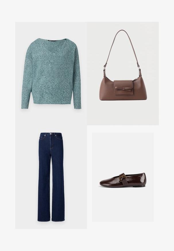 Zacht gebreide teal trui met lange mouwen, geribde manchetten en een brede V-hals.; Donkerblauwe denim jeans met een hoge taille, wijde pijpen en een klassieke vijf-pocket stijl. Afgewerkt met contrasterende stiksels en een metalen knoop.; Donkerbruine lakleren platte schoen met een grote gouden gesp en een afgeronde teen, zijaanzicht op een witte achtergrond.; Bruine leren schoudertas met een voorvak met klep en een gestikte strikdetail en een verstelbare band.