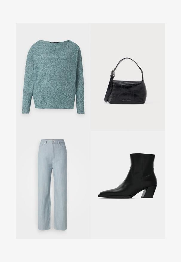 Suéter de punto suave en color azul verdoso con mangas largas, puños acanalados y un cuello amplio en forma de V.; Jeans de pierna recta en azul claro, hechos de denim. Cuenta con cinco bolsillos, un cierre de botón de metal y un sutil desgastado para añadir textura.; Bota de tobillo de cuero negro con punta afilada, una silueta elegante y un tacón cuadrado grueso. Textura suave con detalles de costura mínimos.; Bolso de hombro de cuero negro con relieve de cocodrilo, asa superior e impresión del logo en el frente.