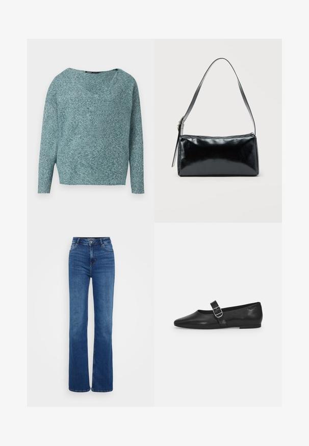 Weicher Strickpullover in Türkis mit langen Ärmeln, gerippten Bündchen und weitem V-Ausschnitt.; Hoch taillierte, weit geschnittene Jeans in dunkelblauem Denim. Verfügt über fünf Taschen, dezente Nähte und einen Knopfverschluss. Glatte Textur mit klassischem Schnitt.; Schwarzer Lederflatschuh mit runder Zehenform, einem verstellbaren Schnallenriemen und einer glatten, glänzenden Oberfläche. Minimalistisches Design mit einem niedrigen Absatz.; Schwarze rechteckige Schultertasche mit einem verstellbaren Riemen und einem oberen Reißverschluss vor einfachem Hintergrund.