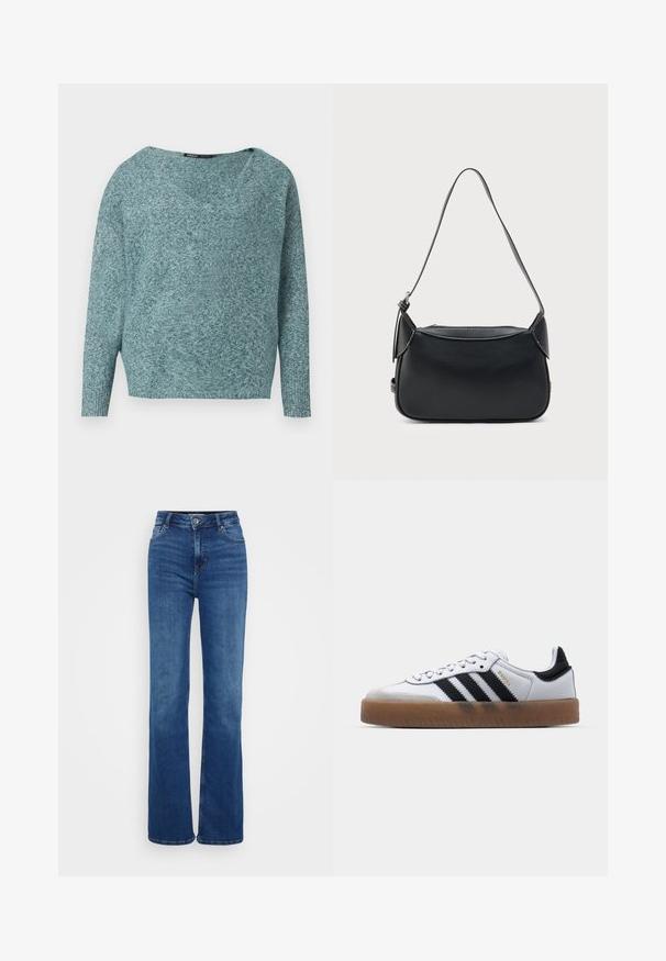 Weicher Strickpullover in Türkis mit langen Ärmeln, gerippten Bündchen und weitem V-Ausschnitt.; Hoch taillierte, weit geschnittene Jeans in dunkelblauem Denim. Verfügt über fünf Taschen, dezente Nähte und einen Knopfverschluss. Glatte Textur mit klassischem Schnitt.; Weiße Leder Sneakers mit schwarzen Streifen, Gummigummi-Außensohle, runder Zehenform, Schnürverschluss und weichem grauem Wildleder-Zehenkappe.; Schwarze Lederschultertasche mit glatter Textur, abgerundeter Form und einem dünnen Riemen. Verfügt über einen Reißverschluss und minimalistische Hardware-Akzente.