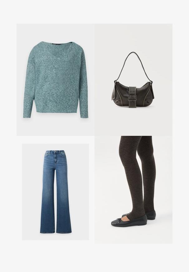 Weicher Strickpullover in Türkis mit langen Ärmeln, gerippten Bündchen und weitem V-Ausschnitt.; Blaue Jeans mit hohem Bund und weitem Bein, vorne mit Knopf und Reißverschluss, zwei Vordertaschen und klassischem Fünf-Taschen-Design.; Beine in dunklen, gerippten Leggings kombiniert mit schwarzen Ballerinas mit kleinen Schleifendetails auf weißem Hintergrund.; Schwarze Leder-Schultertasche mit Schnallengurt-Detail, abgerundeten Kanten und kontrastierenden weißen Nähten auf schlichtem Hintergrund.