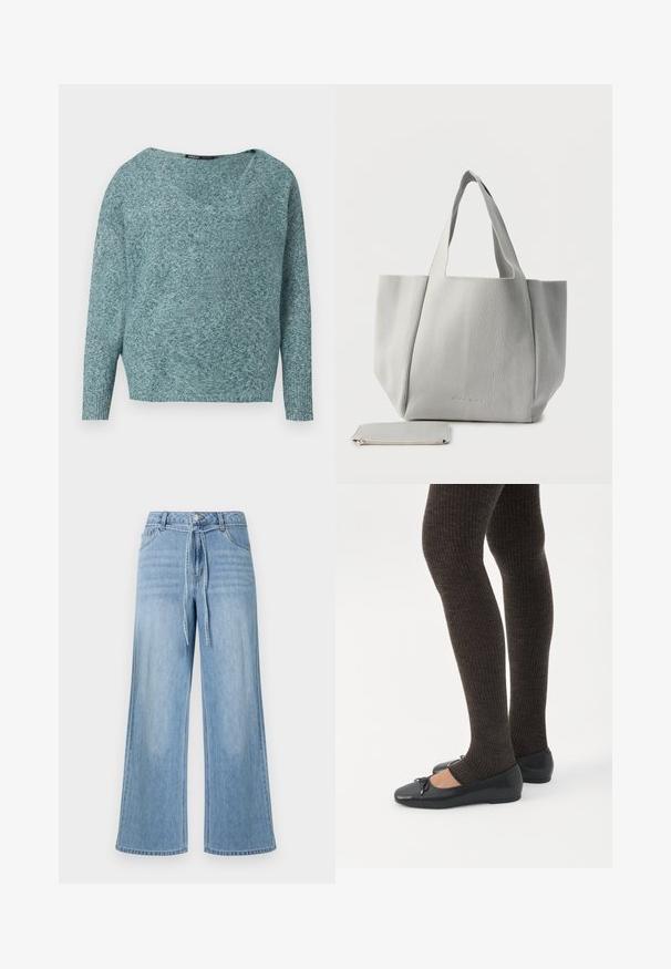 Blød strikket teal sweater med lange ærmer, ribbede manchetter og en bred V-hals.; Lyseblå, vidbenede denimjeans med høj talje, frontdetalje med bindebånd og klassisk Fem-lomme-design med syninger som accenter.; Ben iført mørke ribbede leggings kombineret med sorte balletsko med små sløjfedetaljer på hvid baggrund.; Lysegrå ribbet stoftaske med to håndtag, ledsaget af en matchende lille lynlåset pung på hvid baggrund.