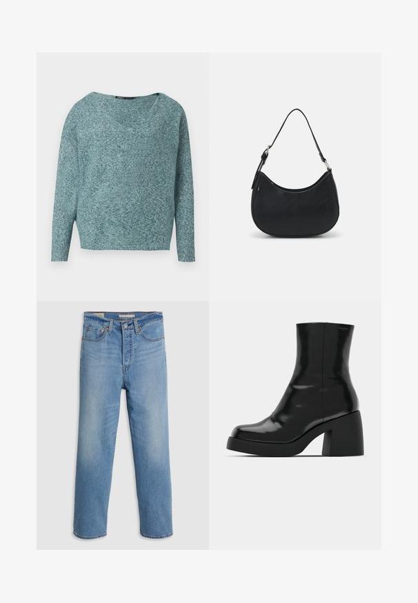 Pull doux en maille couleur sarcelle avec manches longues, poignets côtelés et large col en V.; Jeans en denim bleu clair à jambes droites avec poches avant, passants de ceinture et fermeture à bouton sur fond uni.; Bottines noires à finition brillante, bout carré et épais talon bloc. Le design présente une silhouette homogène et un branding minimal.; Sac hobo noir en cuir lisse avec une silhouette arrondie, doté d'une seule sangle ajustable et de détails de design minimalistes.