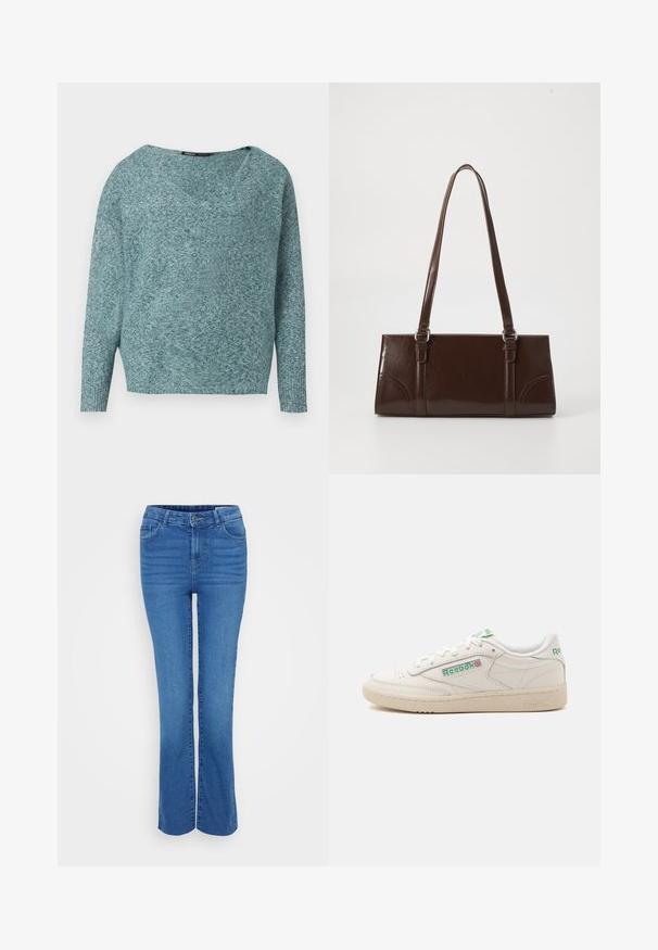 Blød strikket teal sweater med lange ærmer, ribbede manchetter og en bred V-hals.; Bredde blå denimjeans med mellemhøj talje, fem-lomme-design og subtil falmen foran, med bæltestropper og lynlås lukning.; Hvide Reebok lavtop sneakers med grønt logo, snørebånd og beige sål, vist fra den indvendige side på en ensfarvet baggrund.; Brun lakeret håndtaske med rektangulær form, to lange håndtag og subtile buede detaljer på fronten.