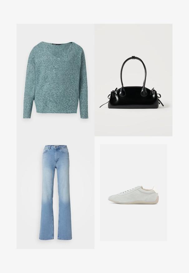 Pull doux en maille couleur sarcelle avec manches longues, poignets côtelés et large col en V.; Jean évasé bleu clair en denim, doté d'une taille standard, de poches avant et d'une finition délavée sur les jambes.; Baskets en daim gris clair présentant un design profilé bas, une fermeture à lacets et une semelle en caoutchouc beige souple. Des détails de couture subtils ajoutent de la texture.; Petit sac à main noir brillant avec deux longues anses et des détails à cordon sur les côtés sur un fond clair uni.