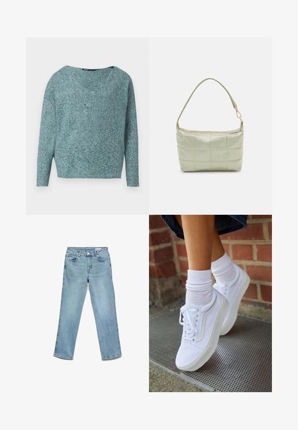 Zacht gebreide teal trui met lange mouwen, geribde manchetten en een brede V-hals.; Lichtblauwe denim jeans met een rechte poot ontwerp, vijf zakken en een knoopsluiting. Zachte textuur met minimale vervaging.; Witte canvas sneakers met rubberen zolen, voorzien van zes vetertjes, een ronde neus en lichte stikdetails, gecombineerd met witte enkelsokken.; Gewatteerde groene schoudertas met een zachte textuur, rechthoekige vorm, enkele schouderriem en een ritsluiting in goudkleur. Voorzien van een gewatteerd patroon.