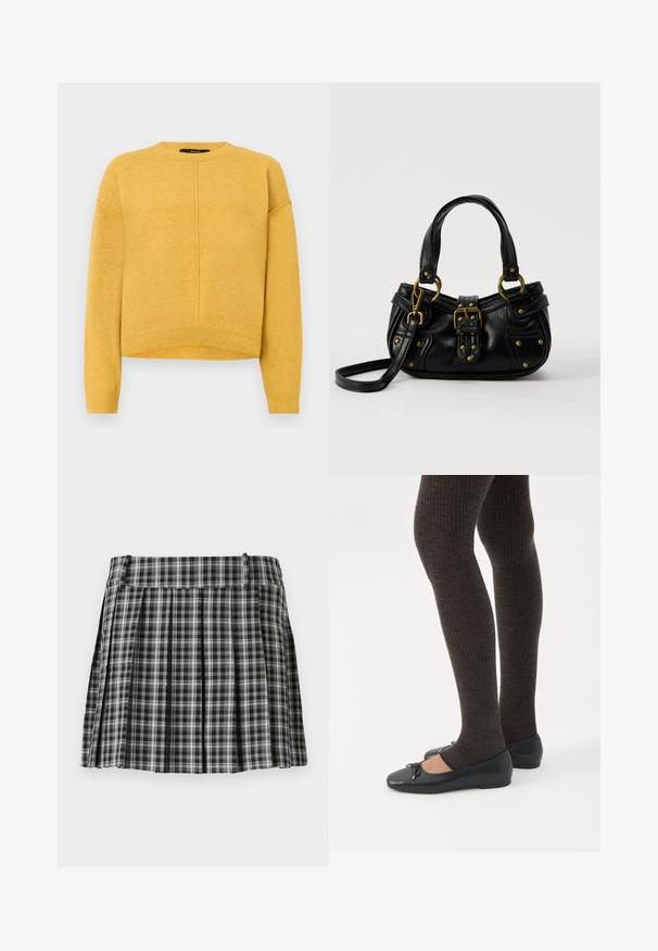 Gul strikket sweater med rund halsudskæring, sænkede skuldre og ribbet kant. Blød tekstur og et simpelt, lige snit.; Sort-hvidt ternet plisseret nederdel med en glat talje og flere lodrette folder. Fremstillet af let stof.; Ben iført mørke ribbede leggings kombineret med sorte balletsko med små sløjfedetaljer på hvid baggrund.; Sort læderhåndtaske med guldbælge og nitdetaljer, korte håndtag og en justerbar skulderrem på en ensfarvet hvid baggrund.