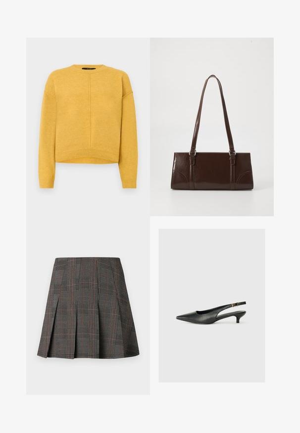 Gul strikket sweater med rund halsudskæring, sænkede skuldre og ribbet kant. Blød tekstur og et simpelt, lige snit.; Gråternet nederdel med plisseringer, prydet med intrikate mønstre i sort og hvid, akkompagneret af tynde røde linjer. Fremstillet af et struktureret stof.; Sorte spidse slingback-sko lavet af glat læder. Har en tynd hæl og en spænde detalje på den justerbare rem.; Brun lakeret håndtaske med rektangulær form, to lange håndtag og subtile buede detaljer på fronten.