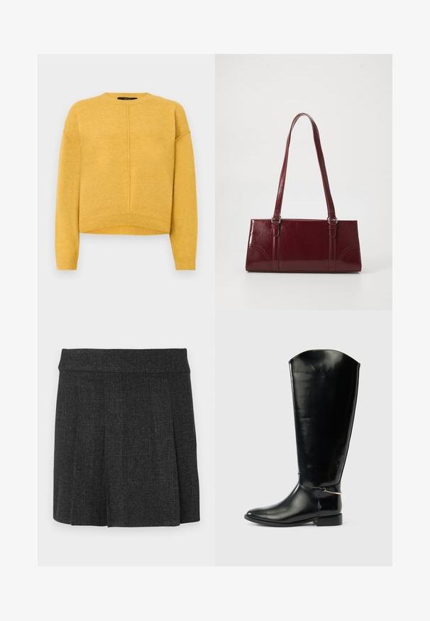 Pull en maille jaune avec un col rond, des épaules tombantes et un ourlet côtelé. Texture douce et design simple à coupe droite.; Jupe noire plissée en tissu texturé. Ceinture mi-haute avec des lignes épurées. Coupe classique adaptée à diverses occasions.; Botte haute en cuir noir avec un bout pointu, un talon bas et un détail en métal argenté à la cheville sur un fond blanc uni.; Sac à main bordeaux en matériau brillant, de forme rectangulaire, avec deux anses et des accents légèrement courbés à l'avant.