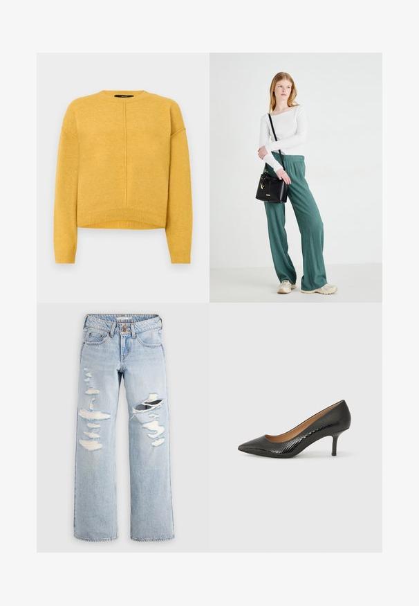 Gul strikket sweater med rund halsudskæring, sænkede skuldre og ribbet kant. Blød tekstur og et simpelt, lige snit.; Lyseblå denimjeans med afslappet pasform, slidte detaljer med revner og flossede kanter. Klassisk design med fem lommer.; Sorte patenterede læder højhælede sko med spidse tæer, tekstureret overflade der minder om slangskind, og en slank stiletto hæl.; ALDO EVIELILY - Håndtasker - black overflow