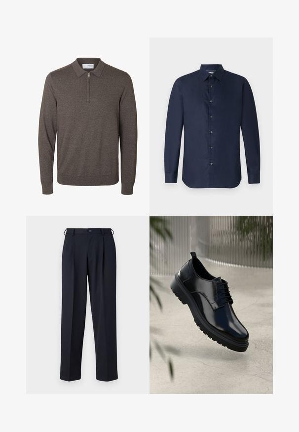 Herren Langarm brauner Strickpullover mit Kragen und kurzem Reißverschluss am Hals, gerippte Bündchen und Saum, mit dem Etikett Selected Homme.; Navy langärmliges Hemd mit Button-Down-Kragen, glatter Textur und durchgehender Knopfleiste; bietet eine taillierte Passform und abgerundetem Saum.; Marineblaue, maßgeschneiderte Hose mit Knopf- und Reißverschluss vorne, Gürtelschlaufen und Seitentaschen, gezeigt auf weißem Hintergrund.; Schwarzer Lederschuh mit glänzender Oberfläche, runder Spitze, Schnürdesign, kontrastierenden Nähten und einer dicken Gummisohle mit Profilmuster.