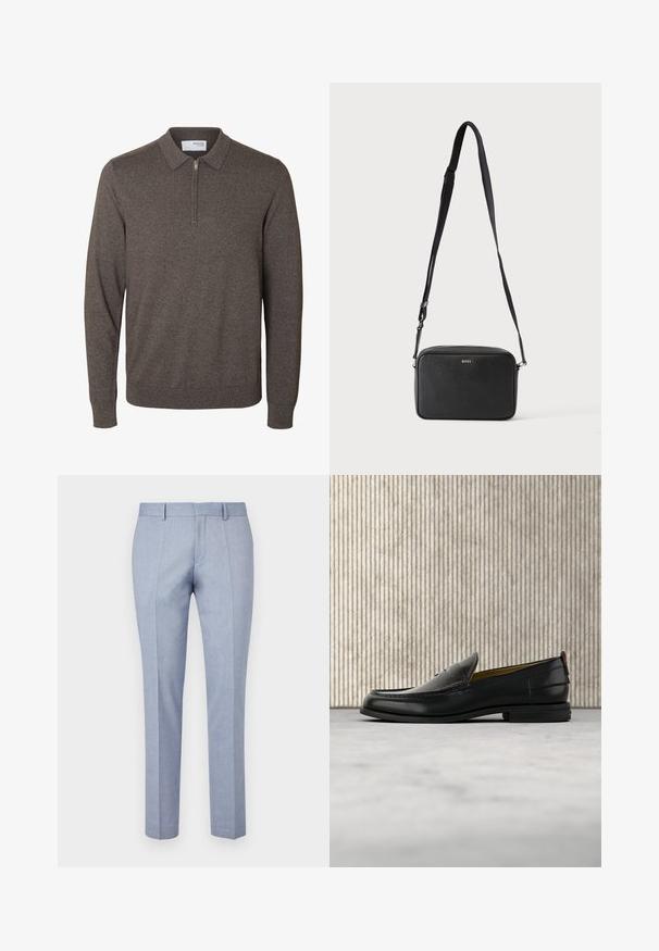 Jersey marrón de punto para hombre, de manga larga, con cuello y cremallera corta en el cuello, puños y bajo acanalados, etiquetado Selected Homme.; Pantalones ajustados de color azul claro con una textura de tela suave, con un frentel plano, dos bolsillos frontales y un diseño de corte slim.; Mocasín de cuero negro para hombre con empeine grabado en relieve de cocodrilo y tacón bajo, mostrado de perfil sobre un fondo neutro.; Bolso bandolera rectangular negro con correa ajustable y logo BOSS en la parte delantera, sobre un fondo claro liso.