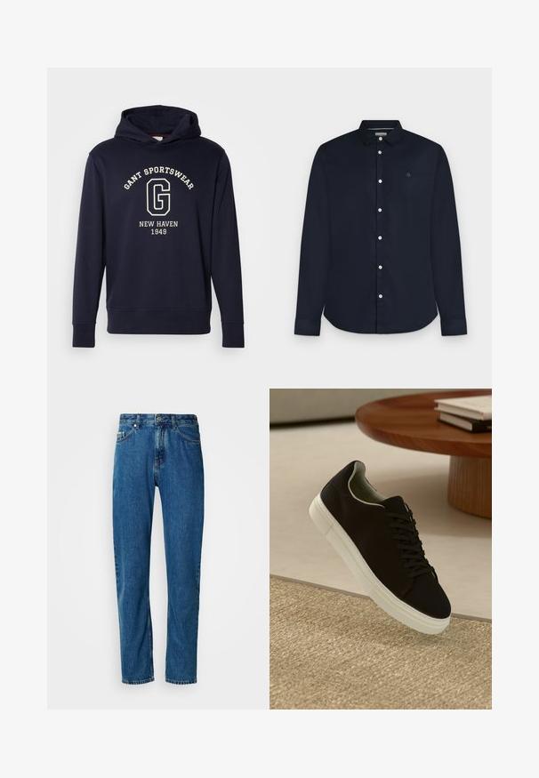 Námornícky modrá mikina s kapucňou vyrobená z bavlny, s prednou vreckom, rebrovanými manžetami a grafikou s nápisom "GANT SPORTSWEAR" a "NEW HAVEN 1949."; Pánska dlhá tmavomodrá košeľa s golierom a bielymi gombíkmi, zobrazená na svetlosivom pozadí.; Modré džíny s rovnými nohavicami, piatimi vreckami a predným zapínaním na gombík na bielom pozadí.; Čierna teniska s bielou podrážkou plávajúca nad béžovým textúrovaným kobercom pri okrúhlom drevenom stole s hromadou kníh.