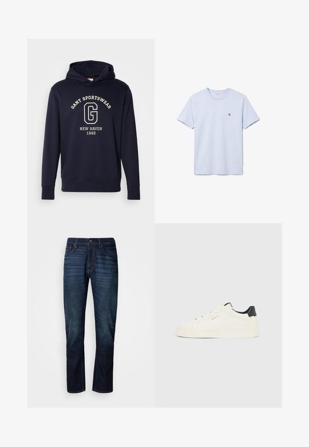 Mørkeblå hættetrøje lavet af bomuld, med en frontlomme, ribbede manchetter og et grafisk print med "GANT SPORTSWEAR" og "NEW HAVEN 1949."; En simpel lyseblå t-shirt med kort ærme og rund hals med lille sort "cK" logo på venstre bryst.; Mørkeblå lige ben jeans med falmede horisontale linjer på lårene, lukkes med knap foran og klassisk fem-lomme design.; Hvid lavtop-sneaker med sort hælflig, hvide snørebånd og "GANT" logo på siden, vist mod en ensfarvet lys baggrund.