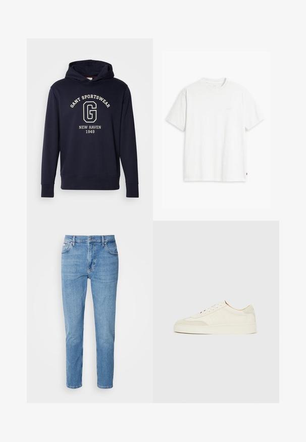 Navyblauwe hoodie van katoen, uitgerust met een voorzak, geribde manchetten en een grafische print met "GANT SPORTSWEAR" en "NEW HAVEN 1949."; Wit katoenen T-shirt met korte mouwen, ronde hals en een subtiel "Levi's" logo in een lichte kleur op de voorkant gedrukt.; Lichtblauwe denim jeans met een rechte pasvorm, vijf zakken en subtiele vervaging. Voorzien van een knoopsluiting en riemlussen.; Witte suède sneakers met een gladde afwerking, ronde neus, plat veterontwerp en contrasterende gestructureerde accenten. Voorzien van een subtiel logodetail.