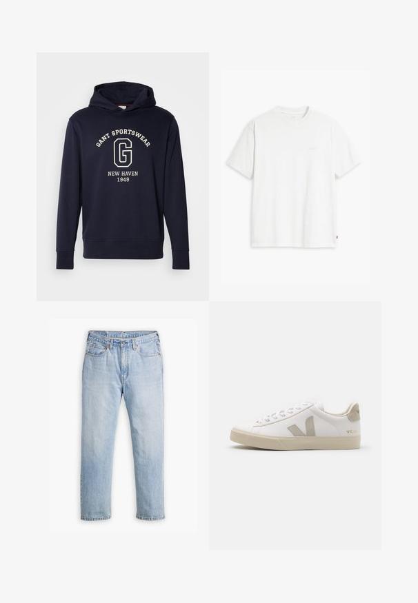Navyblauwe hoodie van katoen, uitgerust met een voorzak, geribde manchetten en een grafische print met "GANT SPORTSWEAR" en "NEW HAVEN 1949."; Wit katoenen T-shirt met korte mouwen, ronde hals en een subtiel "Levi's" logo in een lichte kleur op de voorkant gedrukt.; Lichtblauwe denim jeans met een recht model, vijf zakken en contrasterende stiksels. Knopen- en ritssluiting bij de taille.; Witte leren sneaker met beige accenten, platte rubberen zool, ronde neus en contrasterend logo aan de zijkant en achterkant. Vetersluiting.