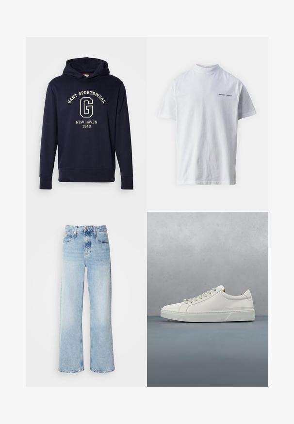 Mørkeblå hættetrøje lavet af bomuld, med en frontlomme, ribbede manchetter og et grafisk print med "GANT SPORTSWEAR" og "NEW HAVEN 1949."; Hvid bomulds t-shirt med høj halsudskæring og korte ærmer. Har "SAMSØE SAMSØE" logo i sort på forsiden. Glat tekstur.; Lysblå vide jeans med høj talje, der har en falmet finish, bæltestropper og klassisk fem-lomme design. Kantene er rå.; Hvid lædersneaker med rund tå, minimalistisk design, grå snørebånd og en tekstureret grå gummisål. Subtile syningsdetaljer er synlige.