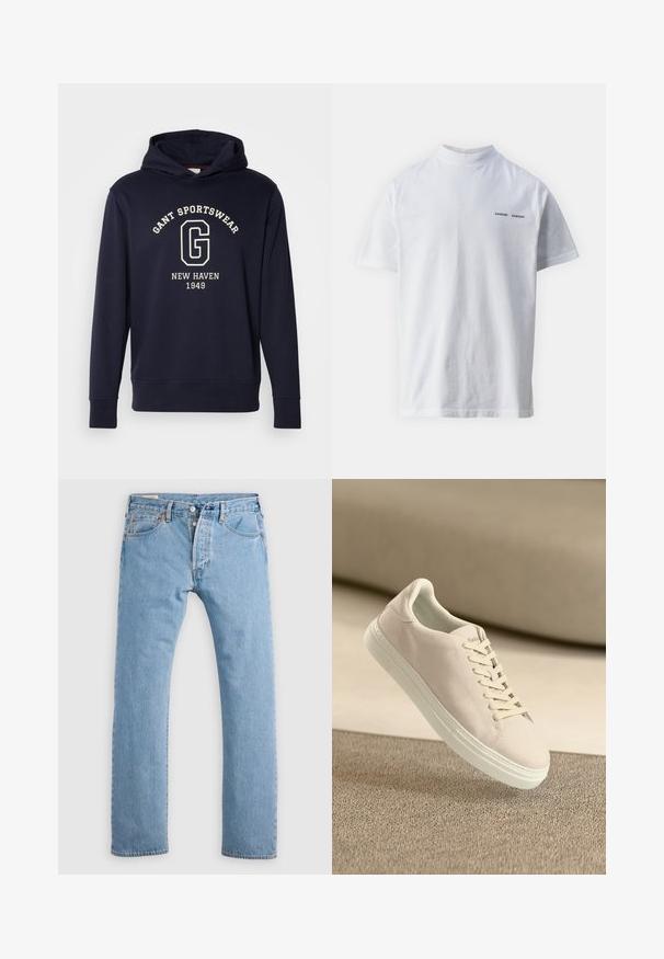 Navyblauwe hoodie van katoen, uitgerust met een voorzak, geribde manchetten en een grafische print met "GANT SPORTSWEAR" en "NEW HAVEN 1949."; Witte katoenen t-shirt met een hoge hals en korte mouwen. Voorzien van het 'SAMSØE SAMSØE' logo in het zwart op de voorkant. Glad van textuur.; Lichtblauwe rechte spijkerbroek met knoopsluiting, riemlussen en voor- en achterzakken, weergegeven op een witte achtergrond.; Beige suède sneaker met een witte zool en veters, zwevend boven een gestructureerd beige tapijt tegen een zachte beige achtergrond.
