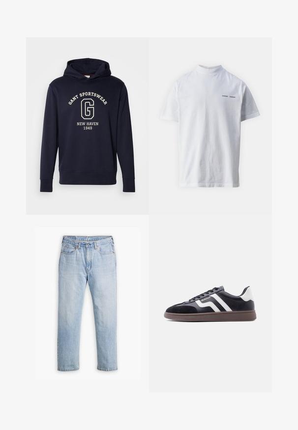 Dunkelblaues Hoodie aus Baumwolle, mit einer Vorderfronttasche, gerippten Bündchen und einem Grafikdruck mit "GANT SPORTSWEAR" und "NEW HAVEN 1949."; Weißes Baumwoll-T-Shirt mit hohem Ausschnitt und kurzen Ärmeln. Mit schwarzem "SAMSØE SAMSØE" Logo auf der Vorderseite. Glatte Textur.; Helle blaue Denim-Jeans mit geradem Bein, im Fünf-Taschen-Stil und kontrastierenden Nähten. Knopf- und Reißverschluss an der Taille.; Schwarze Sneaker aus Velours- und synthetischem Material mit weißen diagonalen Streifen und brauner, strukturierter Sohle. Verfügt über ein Schnürdesign und gepolsterten Kragen.