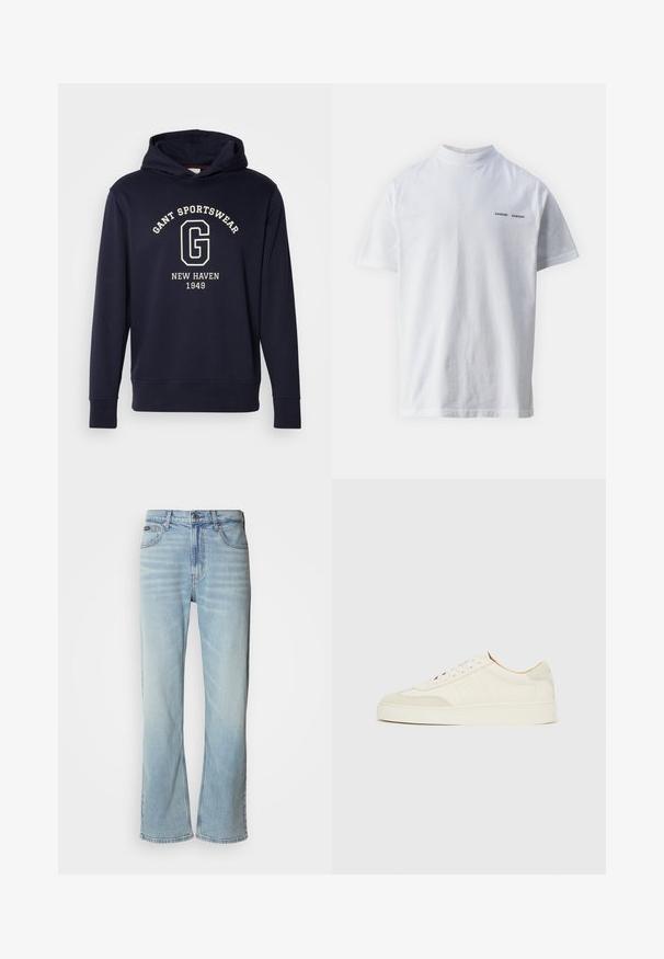 Dunkelblaues Hoodie aus Baumwolle, mit einer Vorderfronttasche, gerippten Bündchen und einem Grafikdruck mit "GANT SPORTSWEAR" und "NEW HAVEN 1949."; Weißes Baumwoll-T-Shirt mit hohem Ausschnitt und kurzen Ärmeln. Mit schwarzem "SAMSØE SAMSØE" Logo auf der Vorderseite. Glatte Textur.; Hellblaue Jeans aus Denim mit geradem Bein, ausgestattet mit fünf Taschen, einem Knopfverschluss und subtilen Verwaschungen im Stoff.; Weiße Wildleder-Sneaker mit glatter Oberfläche, rundem Zehenbereich, flachem Schnürdesign und kontrastierenden, strukturierten Akzenten. Mit einem dezenten Logodetail versehen.